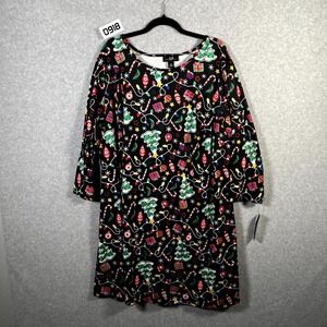 AGB Shift Dress Womens 3X Black Stretch Christmas Holiday Tree Lights Ornament